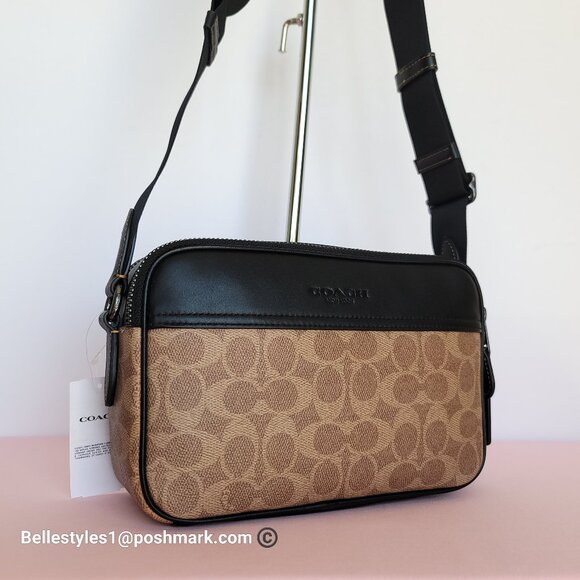 COACH Unisex Graham Signature Canvas & Leather Crossbody Bag -Tan/Black color🎈⭐ - Picture 3 of 16